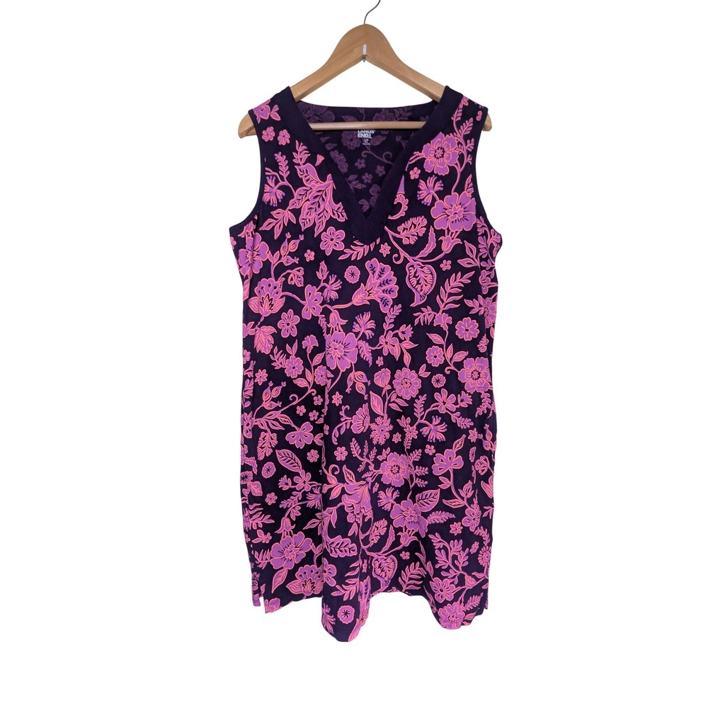 Lands End Womens Purple Pink Floral Cotton V-Neck Sleeveless Dress L/P 14-16